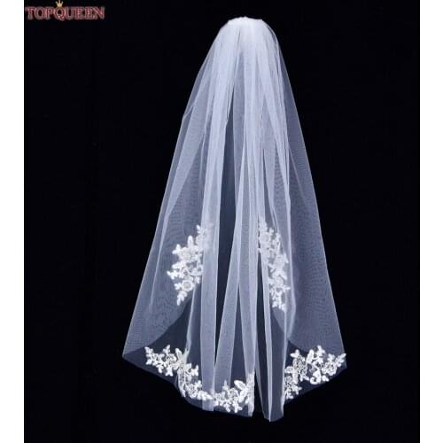 TOPQUEEN V49 100% Handmade Bridal Veil with Comb Lace Embroidery Womens Short Veil Wedding Veils with Lace Shiny Sparkl