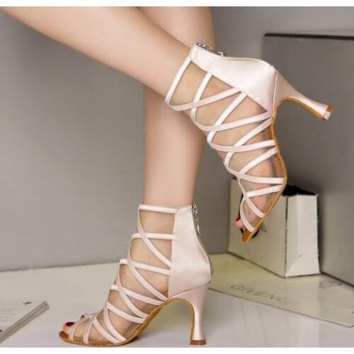Women Latine Dance Shoes Pink Black Ballroom High Heels Boots Soft Bottom Lace-UP Salsa Party Sandals Girls Ladies 5-10cm L445