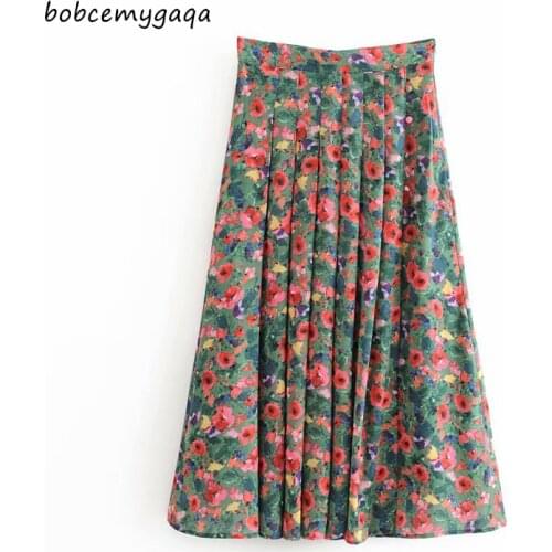 Floral pleated skirt women casual high waist skirt spring fashion floral work office lady long skirt female faldas