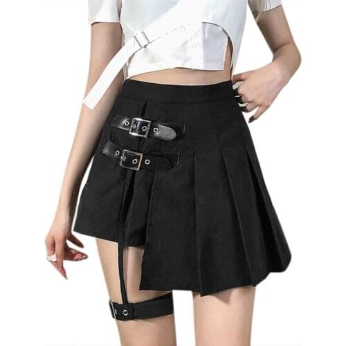 Women Gothic Punk High Waist Pleated Black Mini Skater Skirt with Garter Thigh Ring Shorts Harajuku Buckle Belt Asymmetr
