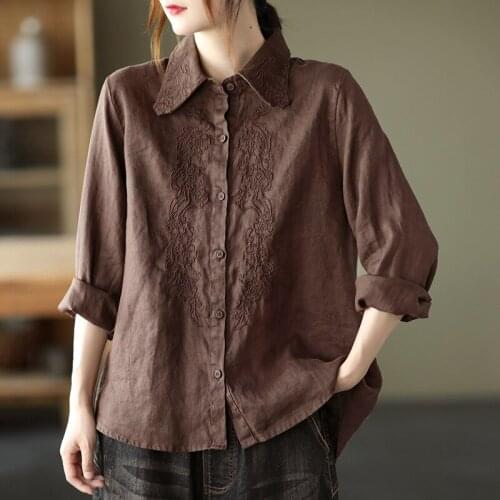QPFJQD Ladies Retro Embroidery Shirts Linen Turn Down Collar Spring Autumn Women Loose Blouse Full Sleeve Solid Color