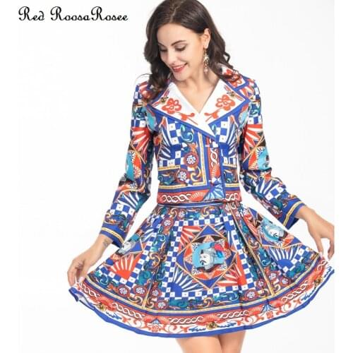 Red RoosaRosee Fashion Summer Women Turn-down Collar Floral Print Long Sleeve Short Coat Pleated Mini Skirt Twinset Suit Female