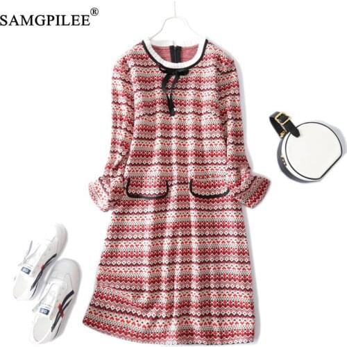 Dresses For Women 2021 New Autumn Office Lady A-line Striped Wrist Sleeve Bow Knee-length Empire O-neck Spring Female Clothing