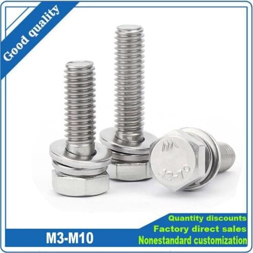 2-50Sets M4 M5 M6 M8 M10 External Hexagonal Plain Head Screws bolt and Nut Flat Washers Machine Screws Set Stainless Steel