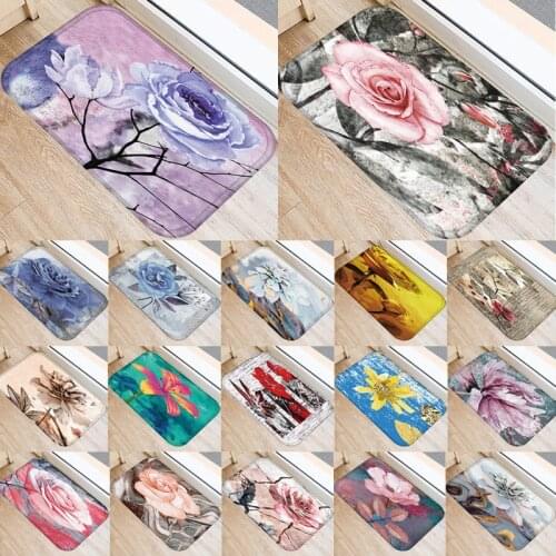 1pcs 40*60cm Colored Rose Flower Pattern Anti-Slip Suede Carpet Door Mat Doormat Outdoor Kitchen Living Room Floor Mat Rug 48279