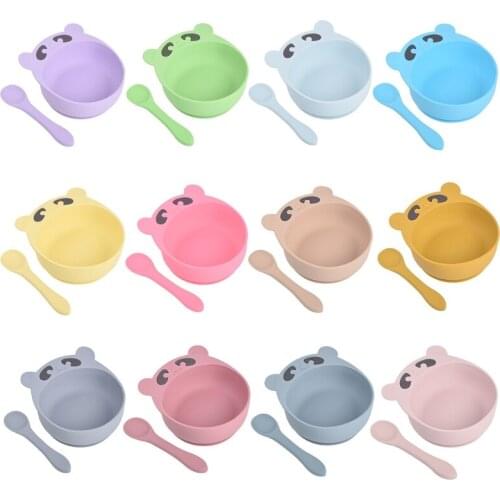2 Pcs Cartoon Bear Baby Training Feeding Food Bowl Spoon Set Anti Slip Silicone Suction Dinner Plate Dish Scoops Utensil