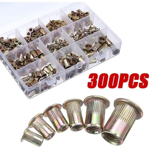 300pcs 6-32 8-32 10-24 10--32 1/4-20 Zinc Plated Carbon Steel Nuts Rivnut Flat Head Threaded Rivet Insert Nutsert Cap Rivet Nut
