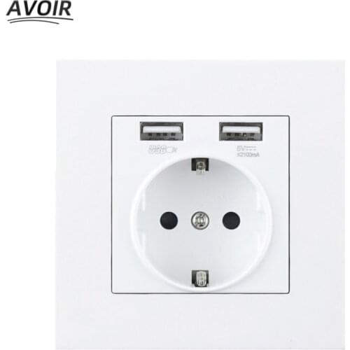 Avoir Usb Wall Electrical Socket White Black Gray Plastic Glass Panel Standard EU Outlet With Double USB For Home 16A 110V-250V