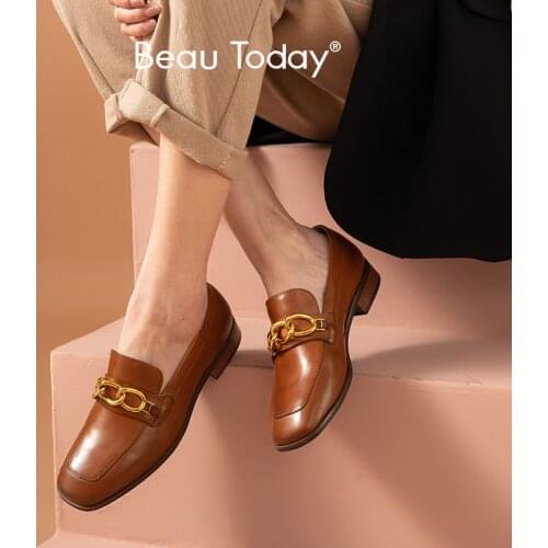 BeauToday Loafers Women Genuine Cow Leather Square Toe Metal Chain Decoration Slip On Casual Female Flats Shoes Handmade 27487