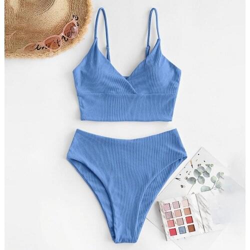 High Waist Bikinis Swimsuits Bandeau Swimwear Women Splicing Biquini Beachwear Sports Ribbed Bathing Suits 2021