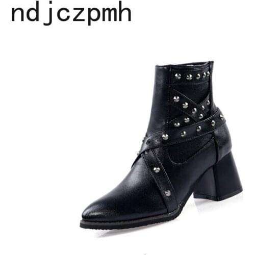 Martin Boots New Winter Fashion Pointed Zipper Rivet Thick Heel Mid Heel Short Tube Women Shoes Plus Size 35-48 Heel Height 6cm
