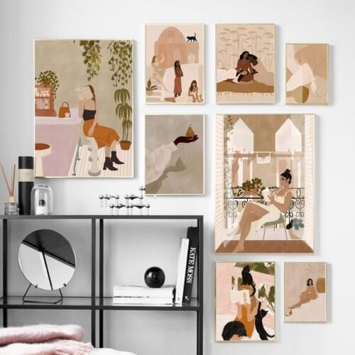 Black Cat Girl Reading Illustration Wall Art Canvas Painting Modern Nordic Posters And Prints Wall Picture For Living Room Decor