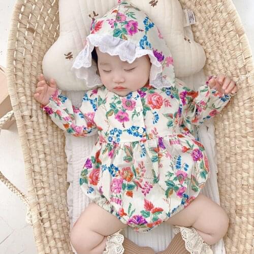 Lovely 2pcs Baby Floral Romper +Hat Baby Girls Spring Fall Long Sleeve Overall Jumpsuits Fall Clothes