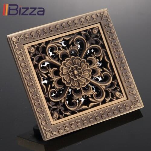Shower Square Bath Drain Strainer Hair Filter Antique Brass Art Carved Design Cover Bathroom Waste Grate Floor Drains 12*12cm