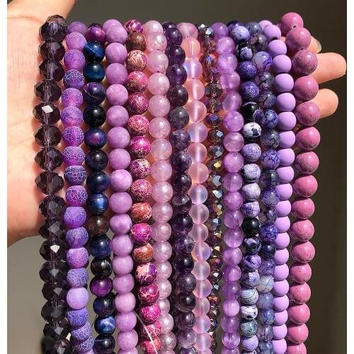 Purple Series Natural Stones purple Angelite Kunzite Hematite Crystal Round Loose Beads For Waist Beads Jewelry Women 4/6/8/10mm