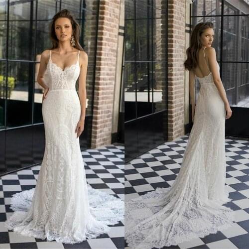 Fashion Wedding Dresses Spaghetti Straps Lace Appliques Mermaid Bridal Gowns Custom Made Sexy Backless Sweep Train Wedding Dress