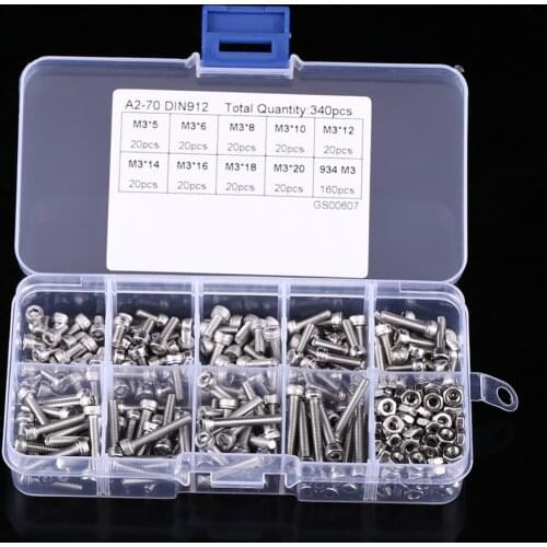 340pcs/Box M3 Hex Socket Screws Bolts Nut Stainless Steel Cap Head Screw Set Fastener Assortment Kit Repair Tools Set Hot