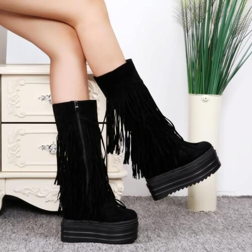 2019 Winter New Middle Tube Boots 13cm Ultra High Heel Martin Boots Thick Bottom Inside Increased Wedges Fringe Womens Boots 39