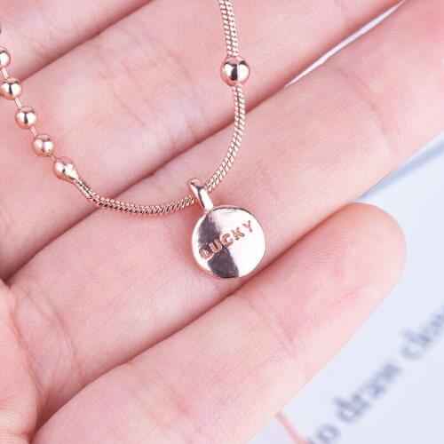 New Fashion Asymmetric Necklace 'LUCKY' Letters Round Small Pendant Rose Golden Minimalist Jewelry Womens Charm Clavicle Chain
