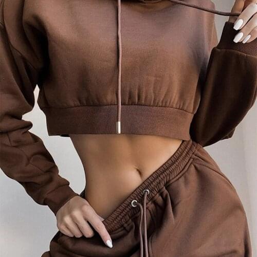 2021 Autumn Warm Cotton Solid Womens Two Pieces Set Casual Hoodies Long Sleeve Crop Top Sport High Waist Long Pants Ladies Suit
