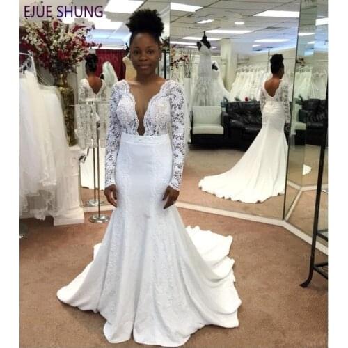 EJUE SHUNG African Wedding Dresses Sheer Neck Long Sleeves Backless Wedding Gowns Lace Mermaid Bridal Gowns Vestido De Novia