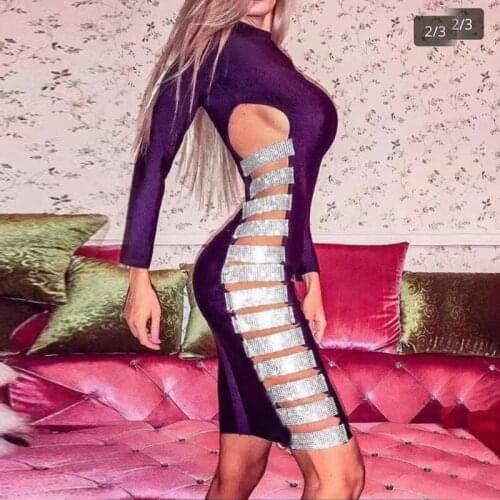 Sexy Sequin Bandage Dress 2019 New Fashion Long Sleeve Purple Black Hollow Out High Split Chic Evening Party Dresses Vestidos