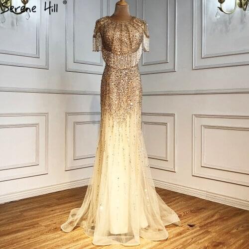 Serene Hill Gold Mermaid Luxury Evening Dresses Gowns 2021 Beading Tassel Elegant For Women Wedding Party LA70051