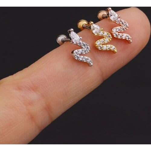 1 PCS Cute Small Micro Pave Zircon Snake Shape Earring for Women Trendy Steel Round Ball Ear Cartilage Stud Cuff Jewelry