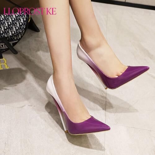 Lloprost ke 2021 Patent Leather Pumps Fashion Ladies High Heels Shoes Summer Shallow Elegant Party Wedding Shoes Purple Red