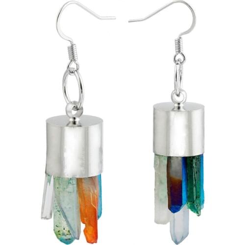 TUMBEELLUWA Titanium Coated Colorful Rock Quartz Raw Rough Cluster Druzy Dangle Drop Hook Earrings