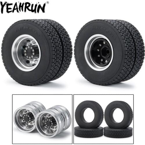 YEAHRUN Metal Rear Wheel Rim Hub and Rubber Tires Kit for 1:14 Tamiya Trailer Tractor Truck RC Car Wheels Parts
