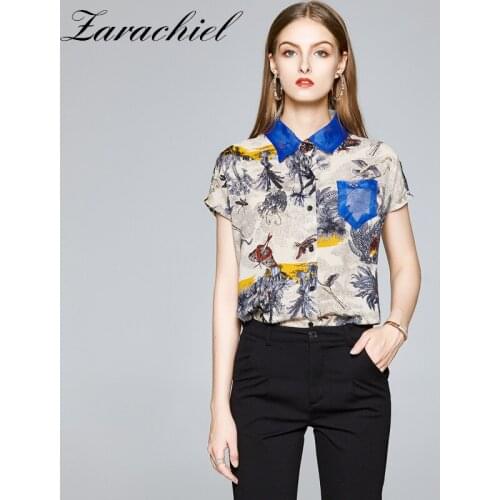 2021 Summer One Pocket Women Chiffon Shirt Female Vintage Print Blouse Tops Short Sleeve Casual Turn-down Collar Loose Blouses