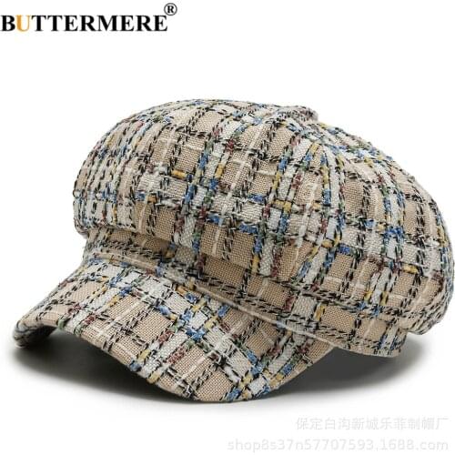 BUTTERMERE Winter Hats for Women Designer Brand Newsboy Cap Ladies Beret Vintage Khaki Black White Plaid Female Octagonal Cap