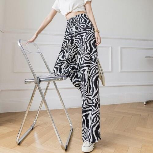 Chiffon Pants 2021 Women Wide Leg Long Trousers Casual Vintage Printed High Waist Slacks Pant Female Korean Fashion Streetwear