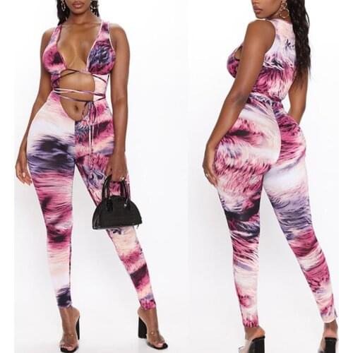 Women Sexy Deep V-neck Hollow Long Pants Trousers Summer Tie Dyeing Print Jumpsuit Rompers Sports Bodycon Playsuit