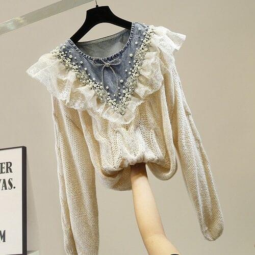 Knit Top Woman Handmade Beaded Denim Stitching Round Collar Gauze Ruffles Pullover Casual Loose Sweater Sweaters Girls Lady