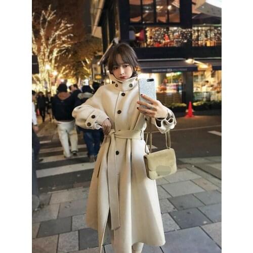 Womens Woolen coat long 2019 popular autumn winter Korean of the new Hepburn wind over the knee cashmere wool coat female A527