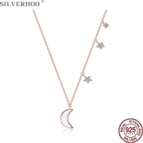 SILVERHOO S925 Sterling Silver Unique Shell Moon And Zircon Stars Pendant Necklace For Women Cute Fairy Style Fine Jewelry