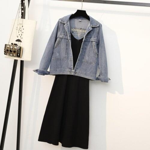 2021 large size ladies' fat younger sister jean jacket + knitting skirt with shoulder-straps two-piece 6115 + 9317