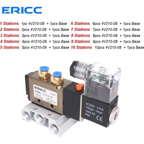 4V210-08 DC24V 12V AC220V AC110V 2 Positions 5 Way Quadruple Solenoid Valve Aluminum Base Fitting Mufflers Set 3 4 5 6 Stations