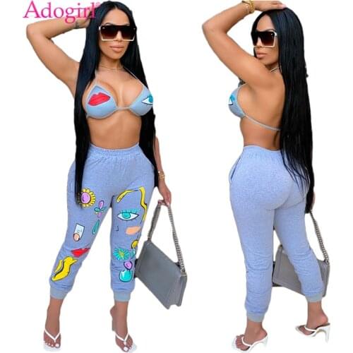 Adogirl Eye Lip Embroidery Women Sexy Two Piece Set Bra Top Ankle Length Sweatpants Female Night Club Suit Streetwear Outfits