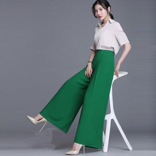 Summer Women Wide Leg Pants New Ice Silk Drape Chiffon Loose Temperament Big Feet Straight Trousers Female Casual Pants RE2003