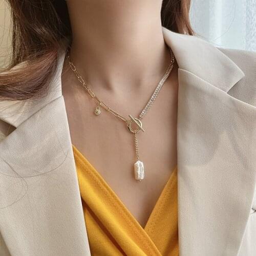 Zircon Crystal Baroque Pearl Pendant Necklaces for Women Toggle Clasp Geometric Rhinestone Chain Choker Necklace Jewelry Gifts