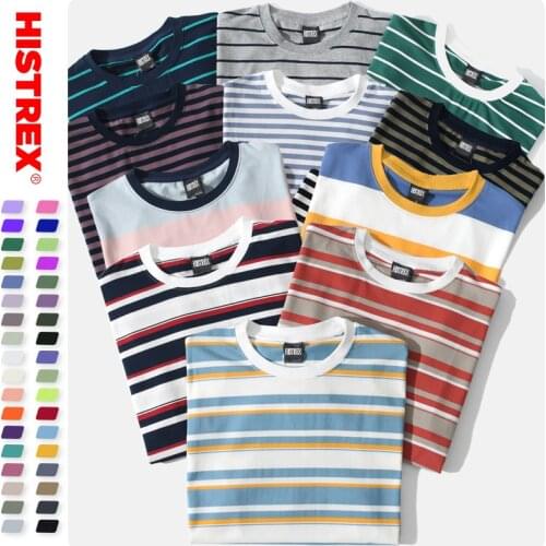 HISTREX 50 Colors Men Women Stripe T Shirt 100% Cotton T-shirt Summer Vintage Crewneck Oversize Tshirts Tops Tee Man Women 200g