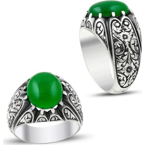 Green Fire Amber Gemstone Ring Mens Silver Ring Handmade Vintage Ring Made In Turkey Solid 925 Sterling Silver