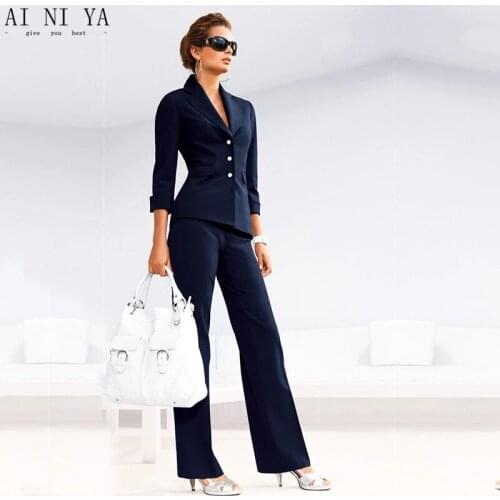 Pant Suits Set womens autumn female professional office lady blazer slim navy suit jacket+ pants feet pants two sets