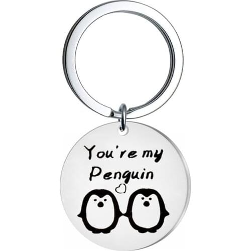 Round Metal Keychain Pendant Penguin Couple Keychain Pendant ValentineS Day Gift Fashion MenS And WomenS Bags Jewelry