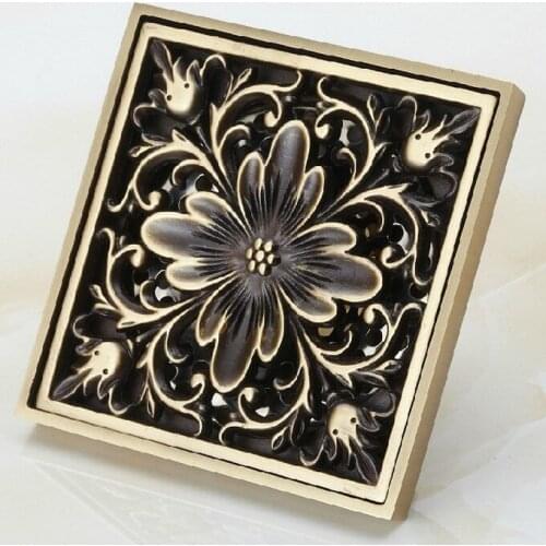 NEW Antique Brass 4"(101mm) Square Carve Flower Pattern Floor Drain Bathroom Shower Waste Washing Drain Grate ahr015