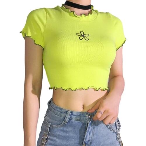New Hot Sale Womens Summer Fashion Casual Lotus Leaf Small Flower Print Short Sleeve Flower Embroidery Crop Top Ladies T Shirt