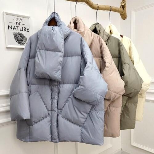 FTLZZ New Winter Women 90% White Duck Down Solid Coat Casual Loose Round Neck Thick Warm Parka Snow Outwear